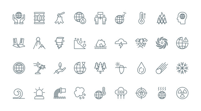 Global environment disasters due to climate change thin line icons set vector illustration. Outline symbols of extreme weather problems, earthquake and drought, ocean storm and hurricane, melting ice