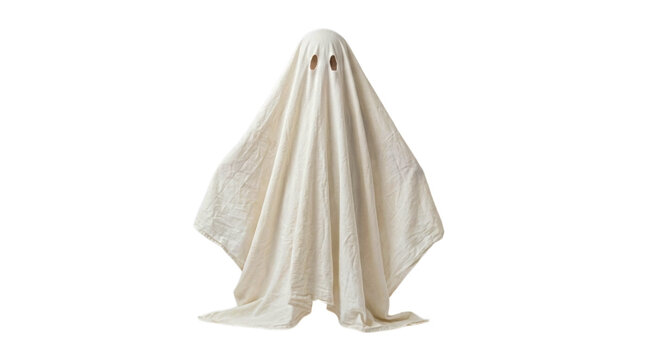 Person wearing a white sheet like a scary ghost for halloween isolated on transparent background