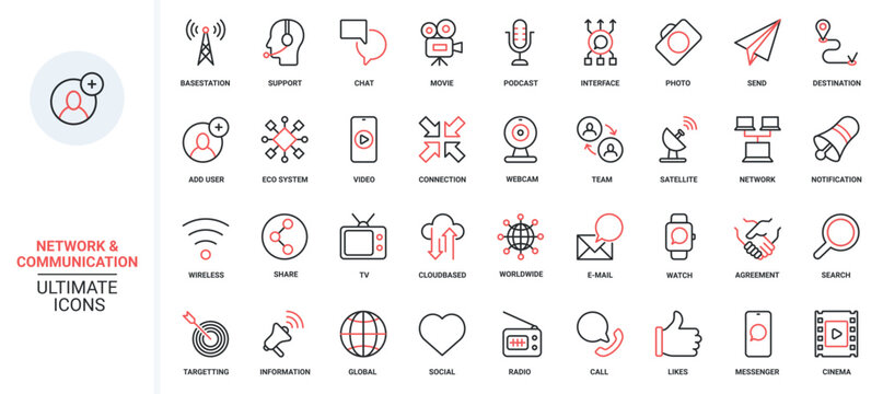 Global support, communication tower satellite system, email notification chat messages symbols. Vector illustration of trendy red black thin line icons set for social media global network technology.