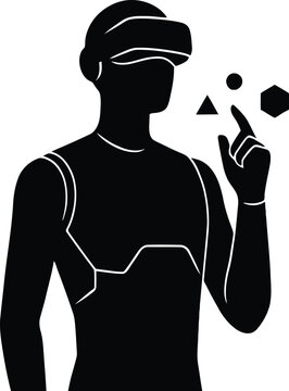 Black silhouette of a person wearing virtual reality goggles and interacting with floating geometric shapes on a white background, for tech