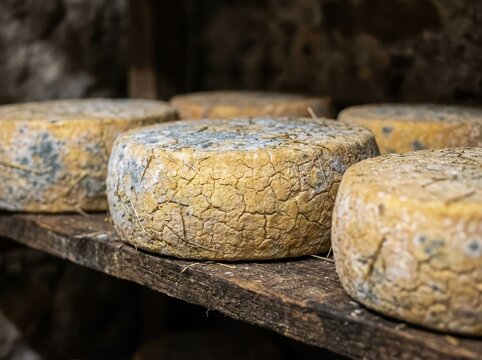 Traditional Aging Cheese Wheels Maturing On Wooden Shelves In A Rustic Cellar