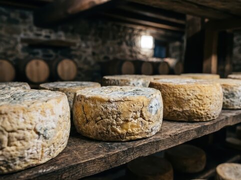 Traditional Aging Cheese Wheels Maturing On Wooden Shelves In A Rustic Cellar Setting