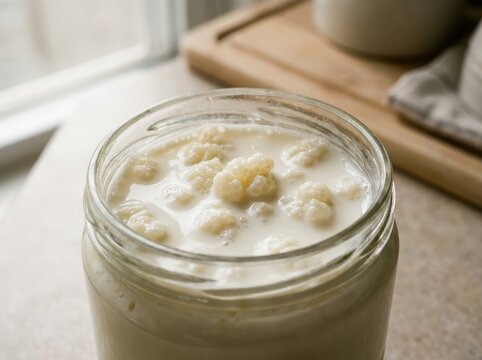 Milk Kefir Grains Culturing In A Glass Jar On A Kitchen Countertop