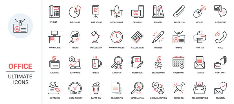 Vector illustration trendy red black thin line icons set office communication documents, including working team symbols, finance trend analysis pie chart report, brainstorm, planning, business meeting