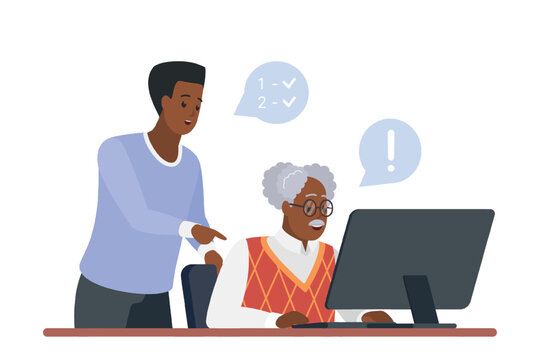 Son training father to work or study with computer vector illustration. Cartoon isolated young guy teaching with love old man to use PC, happy old person sitting at home desk and looking at monitor