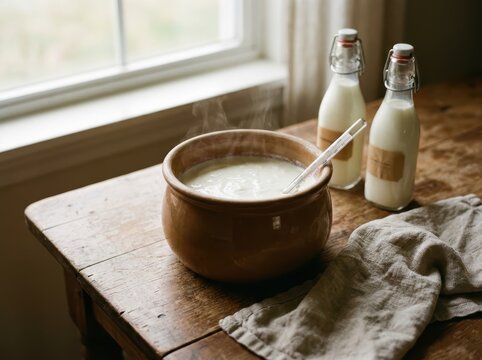 Freshly Prepared Yogurt Culture In A Ceramic Pot On A Rustic Wooden Table, Ready For Fermentation