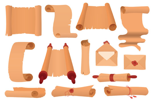 Old paper scrolls set vector illustration. 3D isolated blank parchment ancient rolls with ribbon and papyrus manuscript, vintage letter with wax seal, medieval page of document or treasure map