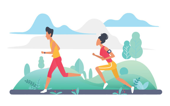 Two people running on a scenic outdoor path surrounded by greenery, mountains, and clouds, promoting healthy lifestyle and fitness activity, isolated on white background vector illustration