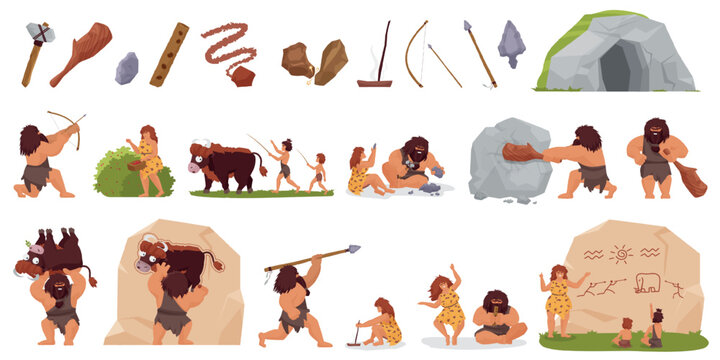Stone age people using primitive tools, hunting, making fire, drawing on rocks, and living in caves, showing daily prehistoric life and survival skills vector illustration