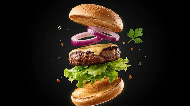 Floating hamburger ingredients and layers isolated on black background.