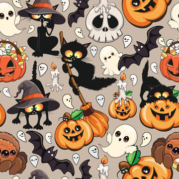 Halloween Cute Characters Vector Seamless Tileable Repeat Textile Pattern EPS
