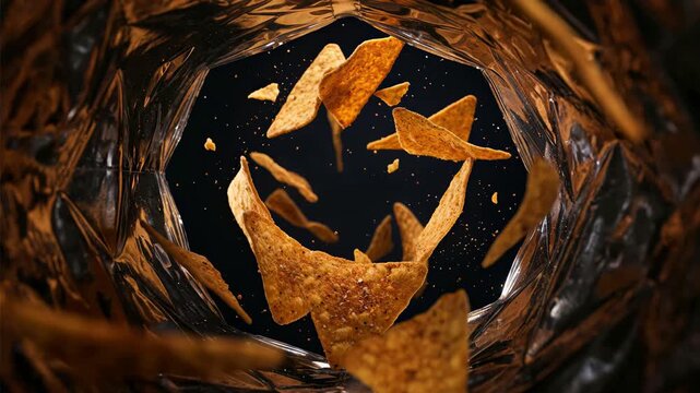 Falling nacho tortilla chips inside foil snack bag.