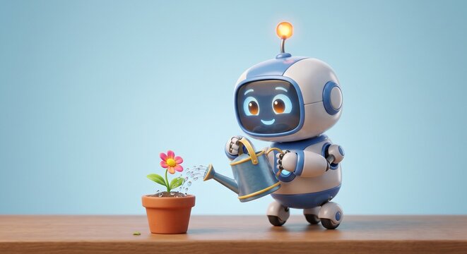 Cute little robot watering small flower pot with watering can illustration
