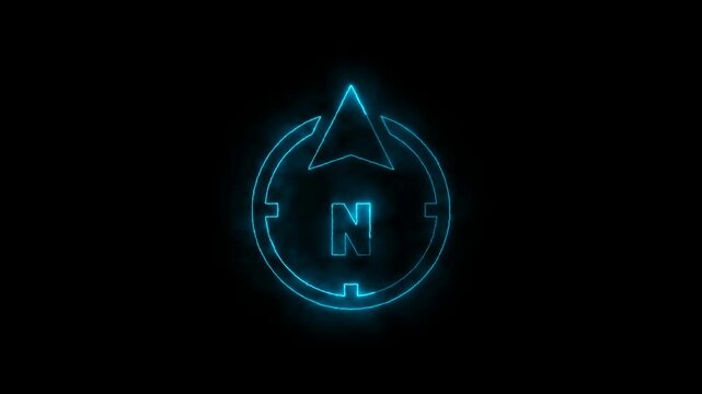 Glowing blue neon compass icon with lightning bolt animation on black background.