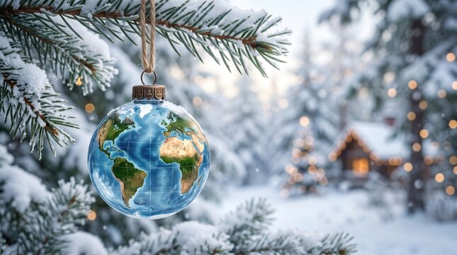 Glass Christmas bauble painted as a world map globe hanging on a snowy fir branch in a winter forest