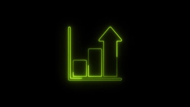 Glowing yellow neon bar chart with rising arrow showing business growth and financial success