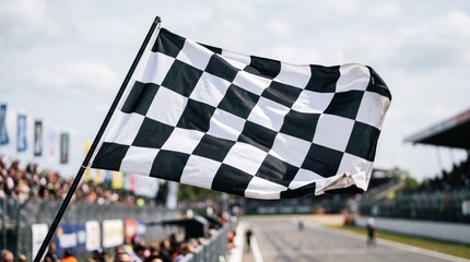 Fototapeta premium Checkered racing flag waving on a professional motorsport track with blurred grandstands and cars in the background