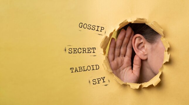 Female ear listening through a torn hole in yellow paper near stamped words gossip secret tabloid and spy