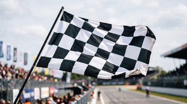 Checkered racing flag waving on a professional motorsport track with blurred grandstands and cars in the background
