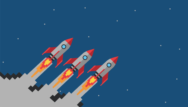 Three pixel art rockets launch into a dark blue night sky filled with distant white stars and grey planetary ground.