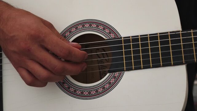 A hand plucks the strings of a white acoustic guitar near the bridge, featuring a decorative rosette and visible label.