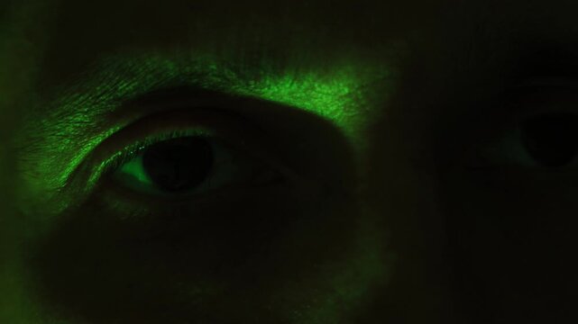 Close-up of a person's eyes illuminated by steady green light in a dark setting, showing subtle blinking and gaze shifts with no significant movement or lighting changes.