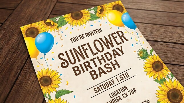 Sunflower birthday invitation card on dark wooden background.