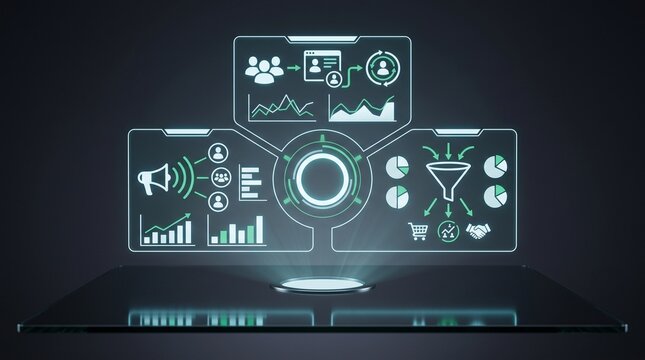 Futuristic interface with glowing data visualization and complex digital information displays