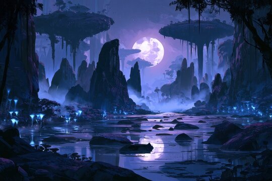 Celestial River and Uncanny Landscape: Painterly Digital Painting of Moonlight, Water, and Strange Formations