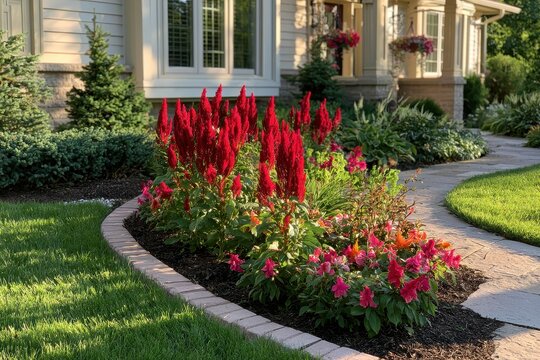 Celosia flower border around a house with lush landscaping and bright, warm blooms