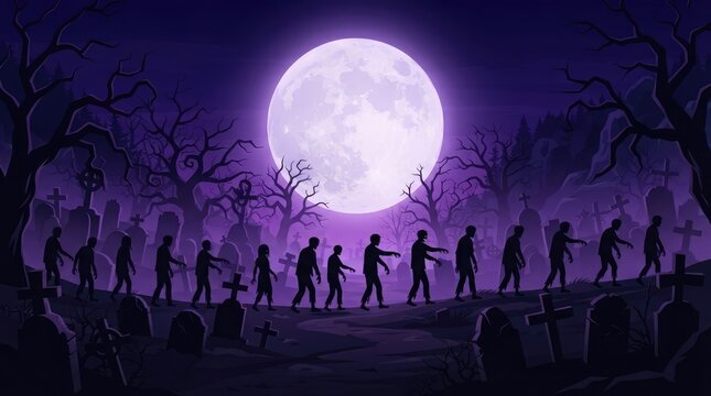 A spooky night scene featuring a horde of silhouettes of zombies walking across a haunted graveyard under a glowing full moon