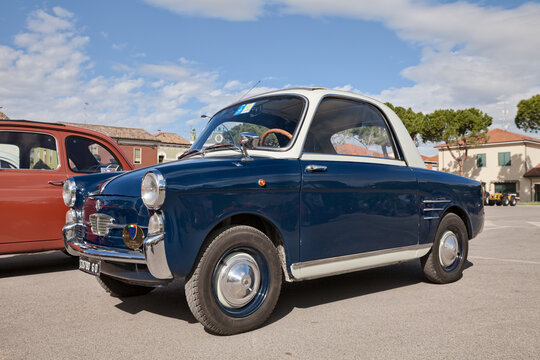 Vintage Italian Autobianchi Bianchina Trasformabile (c. 1960), based on Fiat 500 mechanics, at the classic car show in San Pietro in Vincoli, Ravenna, Italy