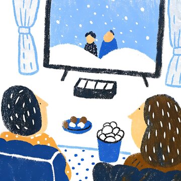 People Sitting On A Sofa Watching A Winter Scene On A Television Screen image photo
