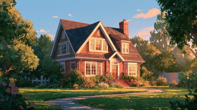 Charming cottage-inspired house with warm window light and front yard
