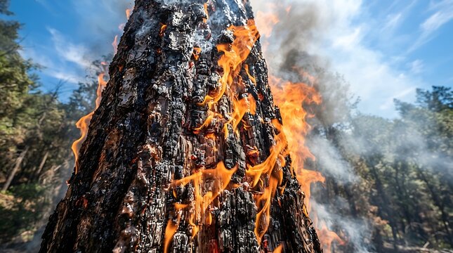 Tree trunk engulfed in flames during a forest fire.