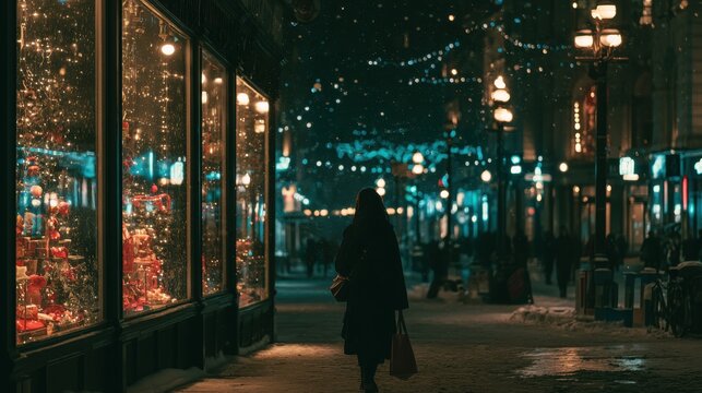 A person walking alone through a beautifully decorated snowy city street at night, looking at Christmas window displays, slight melancholic mood, neon and warm lights