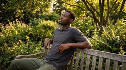 Obraz premium A young man finds a moment of serene contemplation and peaceful relaxation on a park bench, bathed in the gentle warmth of the outdoor sun, embracing a mindful break in nature