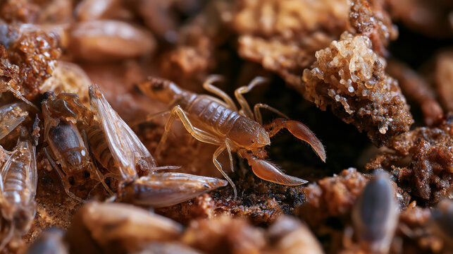 Scorpion hunting among dead insects in decaying organic matter