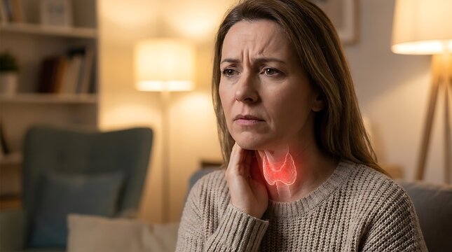 Adult woman touching her neck with a worried expression featuring a red highlighted anatomical overlay of the thyroid gland