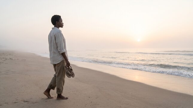 Embracing the tranquility of a misty dawn, a contemplative individual finds solace walking barefoot on the sandy shoreline as the sun rises, carrying shoes
