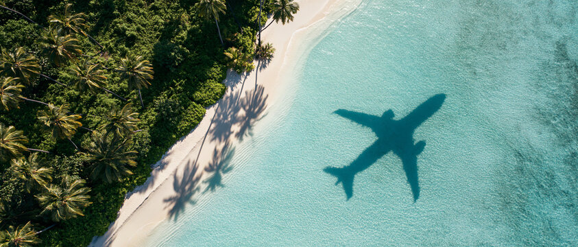 Aerial view of a tropical beach with turquoise water and an airplane shadow cast on the sea surface.