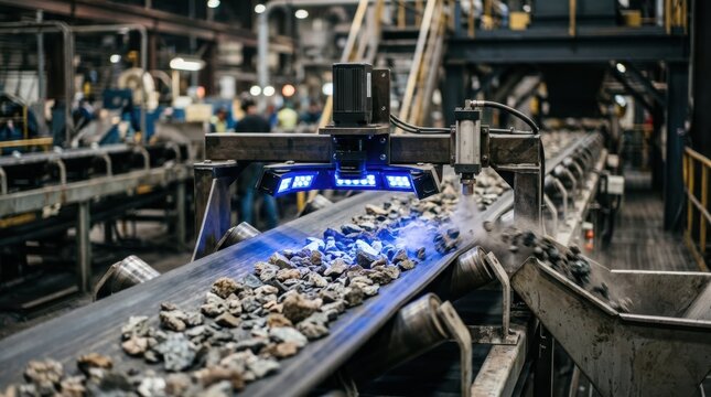 Machine vision camera sorting ore fragments on a conveyor belt in a mining processing line with rollers and sensor lights.