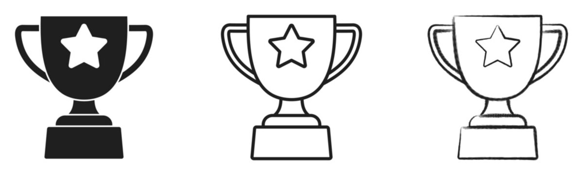 Trophy Cup Award and Success Icon Set, containing Trophy Cup Flat style, Outline, and Hand-Drawn Winner Symbols,  vector illustration