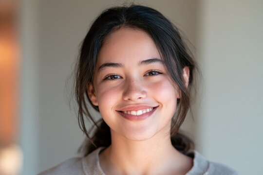 Cheerful teen girl portrait featuring a gentle smile and soft background