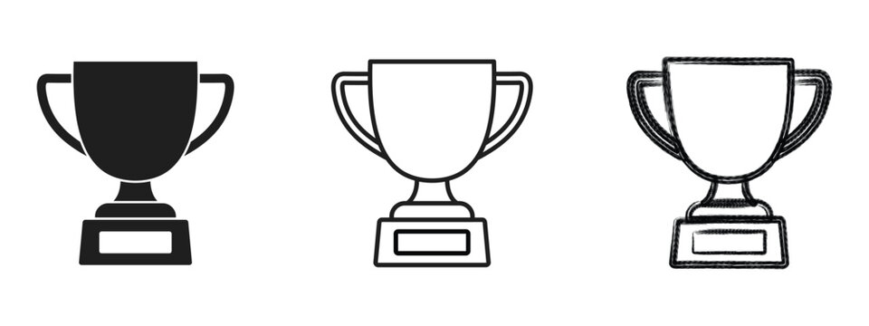 Trophy Cup Award and Success Icon Set, containing Trophy Cup Flat style, Outline, and Hand-Drawn Winner Symbols,  vector illustration