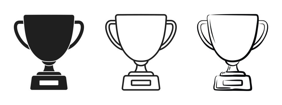 Trophy Cup Award and Success Icon Set, containing Trophy Cup Flat style, Outline, and Hand-Drawn Winner Symbols,  vector illustration