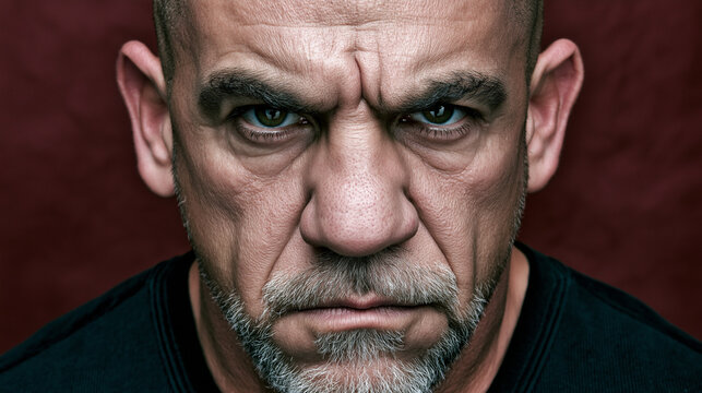 Bald man with grizzled beard staring intensely