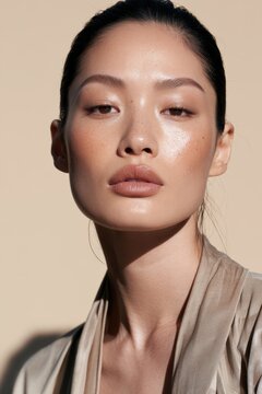 Chic studio portrait of a poised Asian woman with flawless makeup and refined elegance