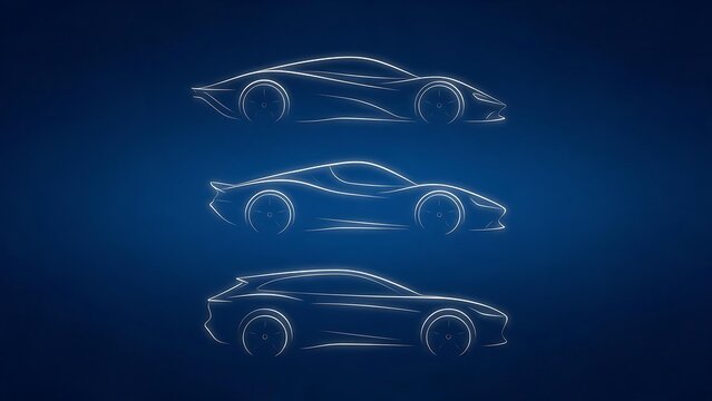 Minimalist sports car wireframe silhouettes glowing on blue background.
