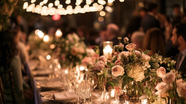 Chic wedding d&Atilde;&copy;cor: pastel florals, greenery, and warm lighting for an upscale restaurant reception